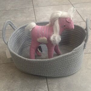 The Land of Nod- ✨Pink Plush Unicorn Toy in Gray Basket 🩷